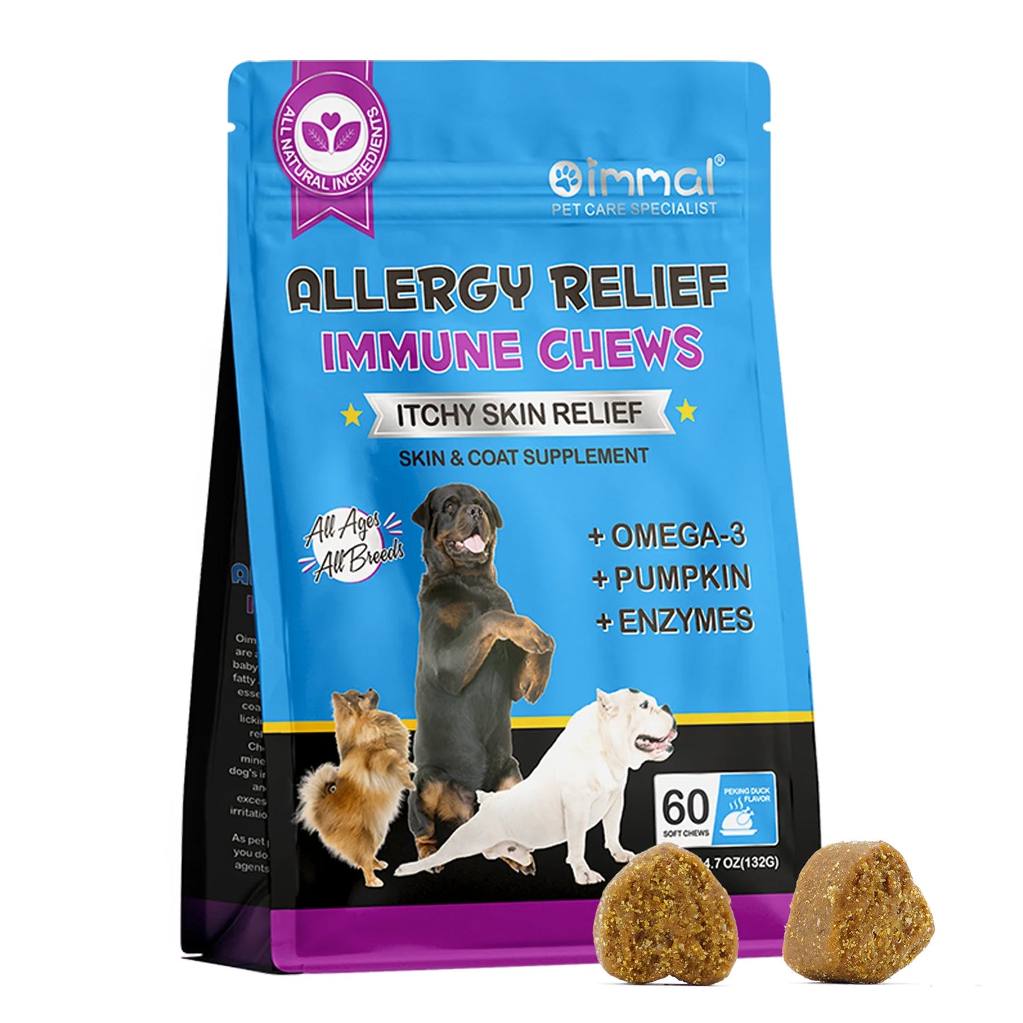 Dog Allergy Relief Chews – Anti-Itch Skin & Coat Supplement with Omega-3, Pumpkin Enzymes & Peking Duck Flavor