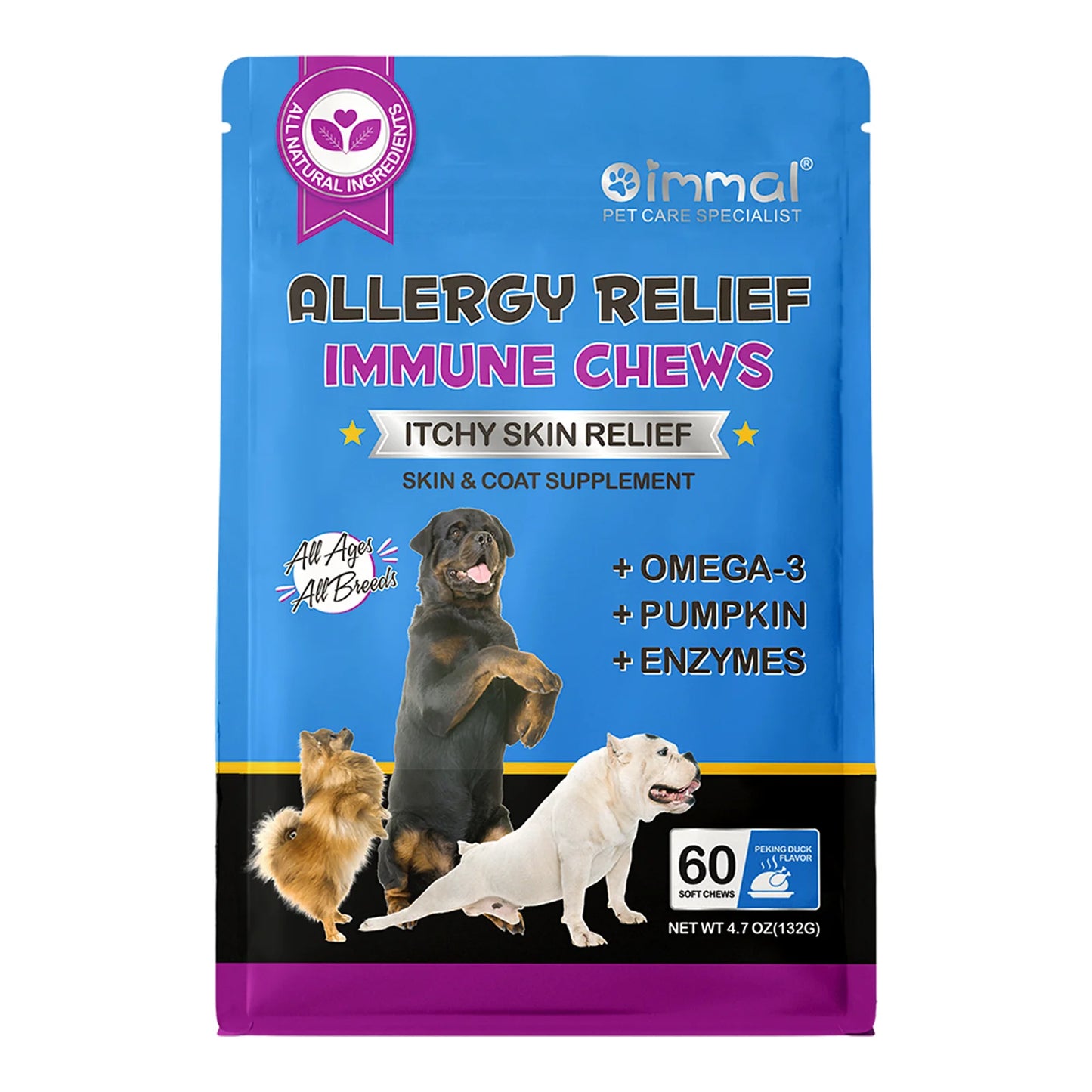 Dog Allergy Relief Chews – Anti-Itch Skin & Coat Supplement with Omega-3, Pumpkin Enzymes & Peking Duck Flavor