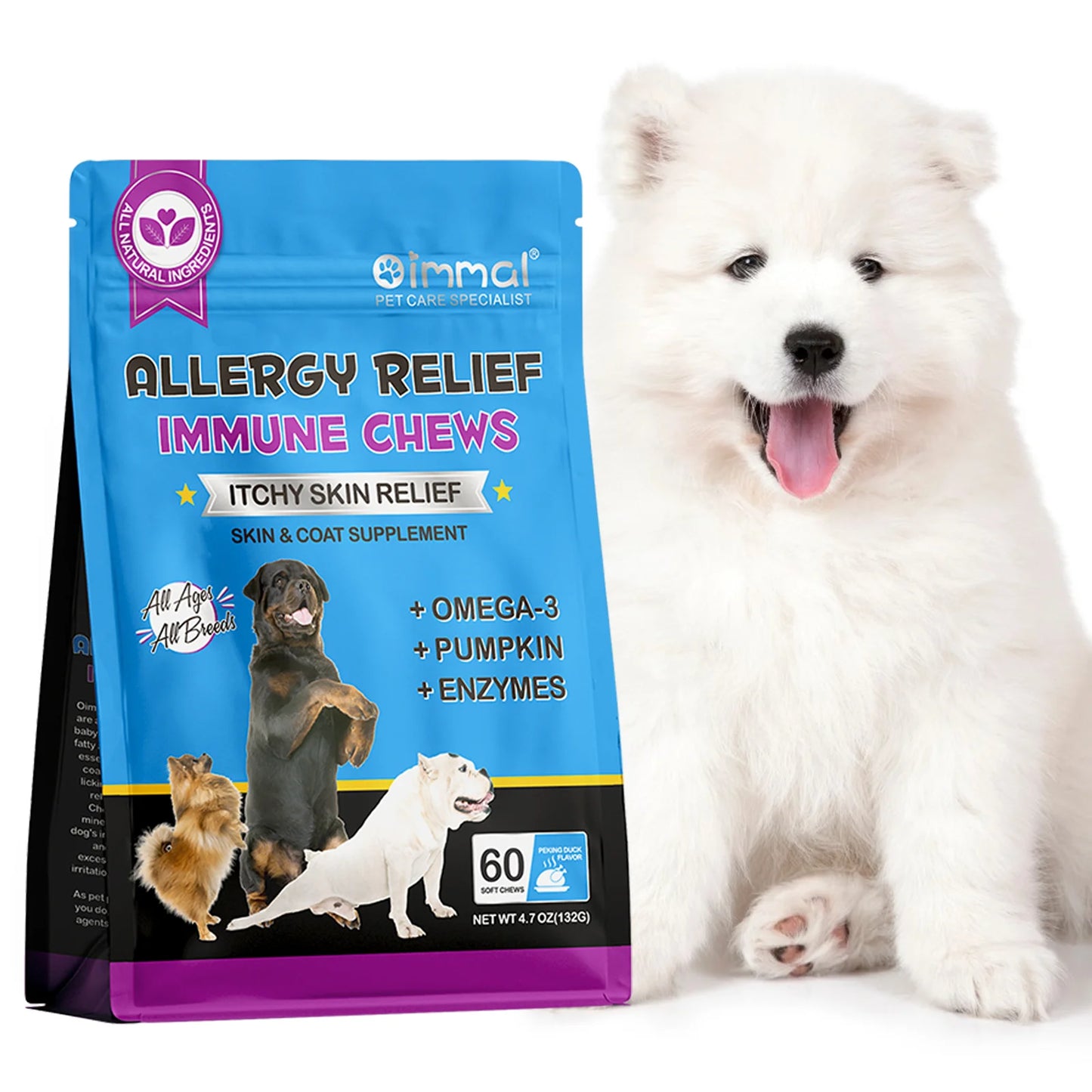 Dog Allergy Relief Chews – Anti-Itch Skin & Coat Supplement with Omega-3, Pumpkin Enzymes & Peking Duck Flavor
