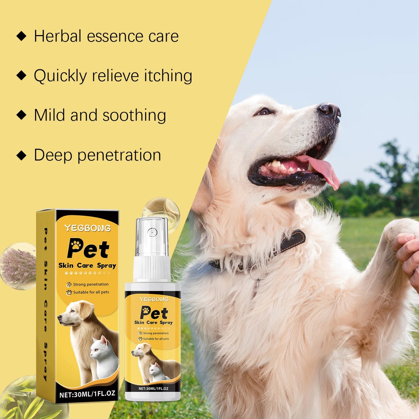 YEGBONG Pet Skin Care Spray – 30ml Soothing Relief for Dogs & Cats | Moisturizes Dry, Itchy Skin & Calms Irritation | Gentle Formula for Daily Use