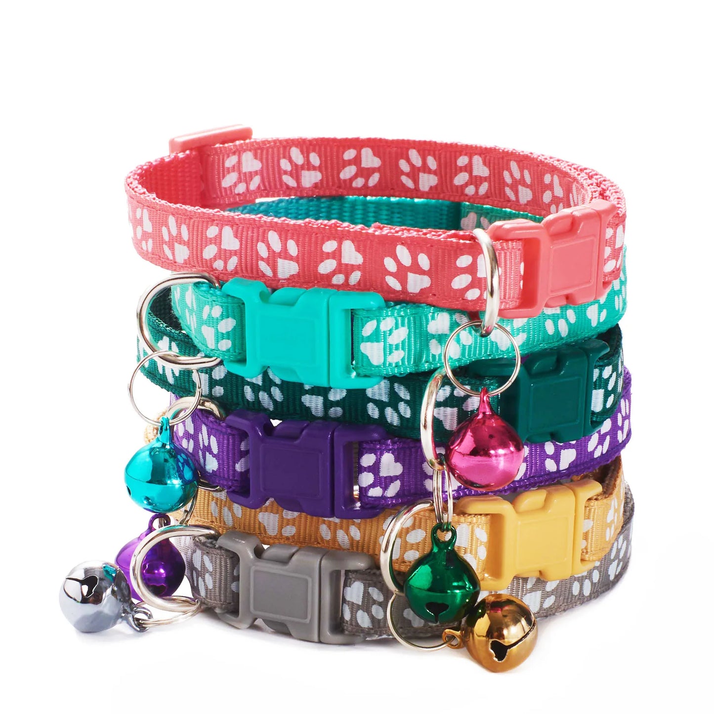 Colorful Cartoon Paw Print Pet Collar with Bell – Adjustable for Cats & Small Dogs