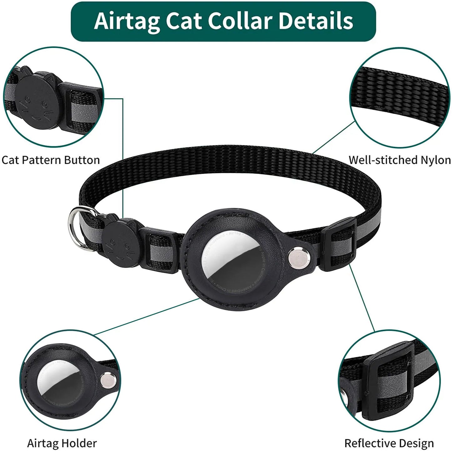 Adjustable Cat Collar with AirTag Holder – Breakaway, Reflective & Waterproof