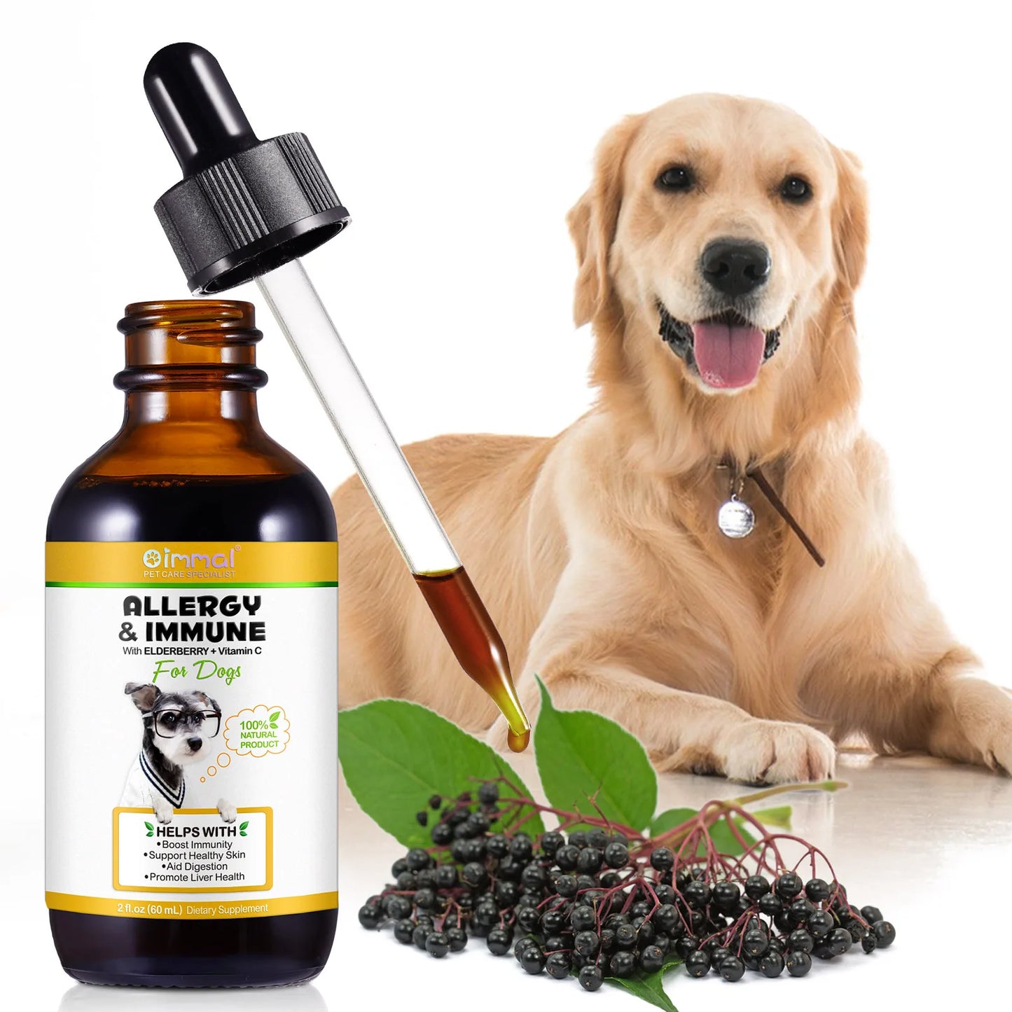 Oilmen Allergy & Immune Support for Dogs – Elderberry & Vitamin C Supplement for Immunity, Skin, Liver & Digestion
