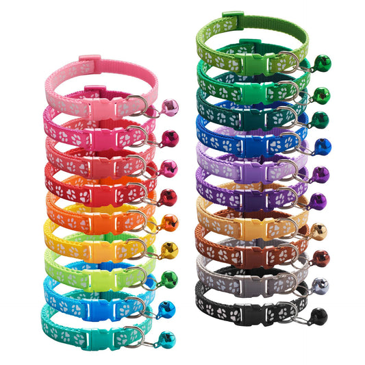 Colorful Cartoon Paw Print Pet Collar with Bell – Adjustable for Cats & Small Dogs